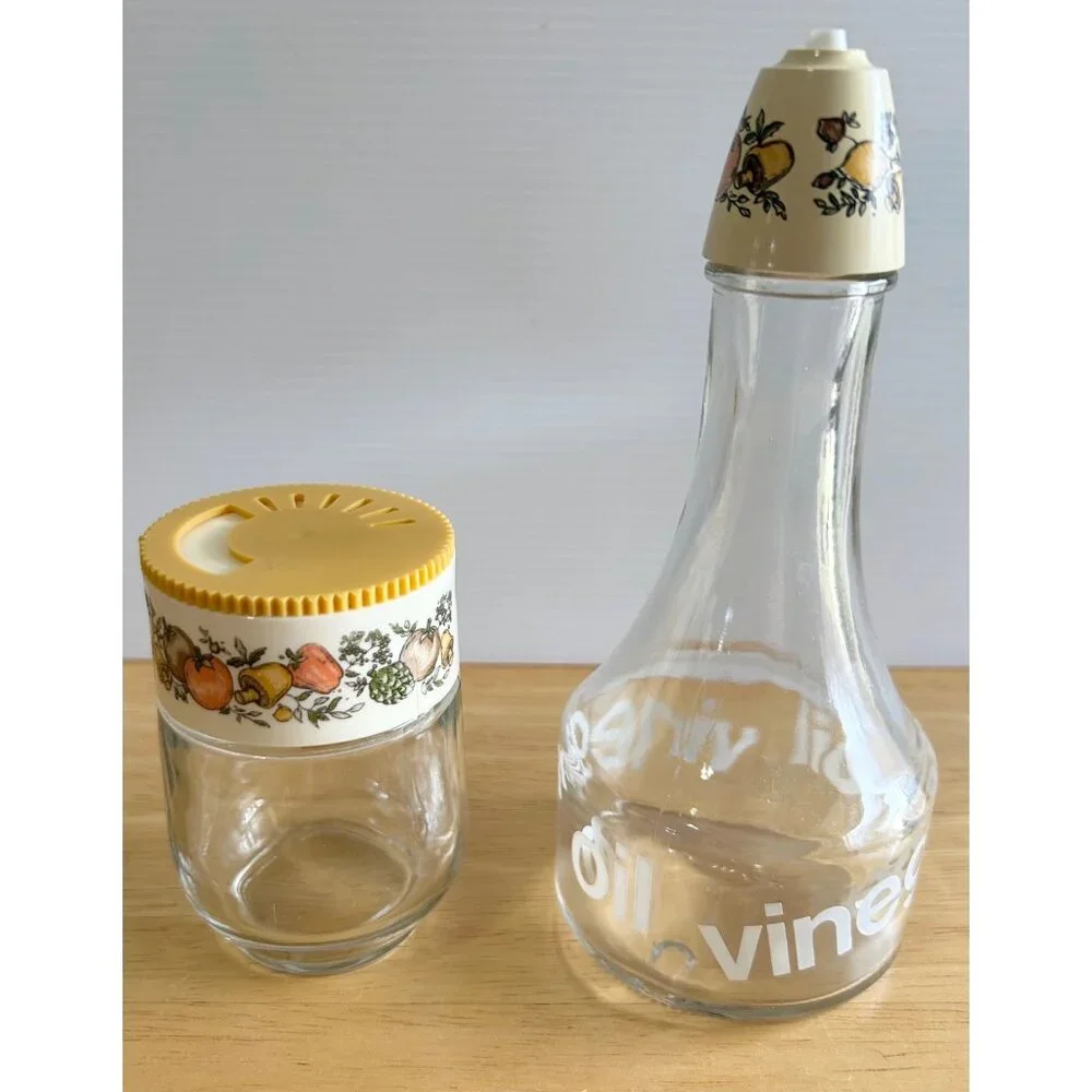 Gemco Oil & Vinegar Jar SET VTG Glass Cruet & Spice Fruit&Vegetable Design‎ READ
